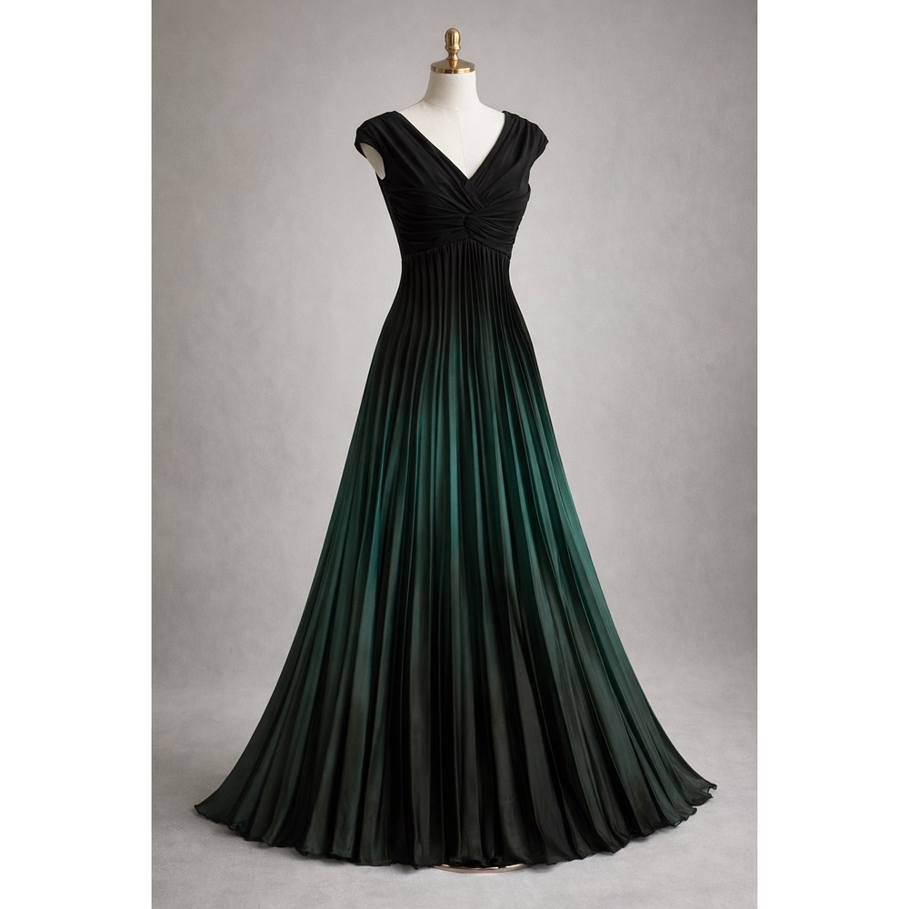 Betsy & Adam Black to Emerald Green Ombre Pleated Maxi Dress